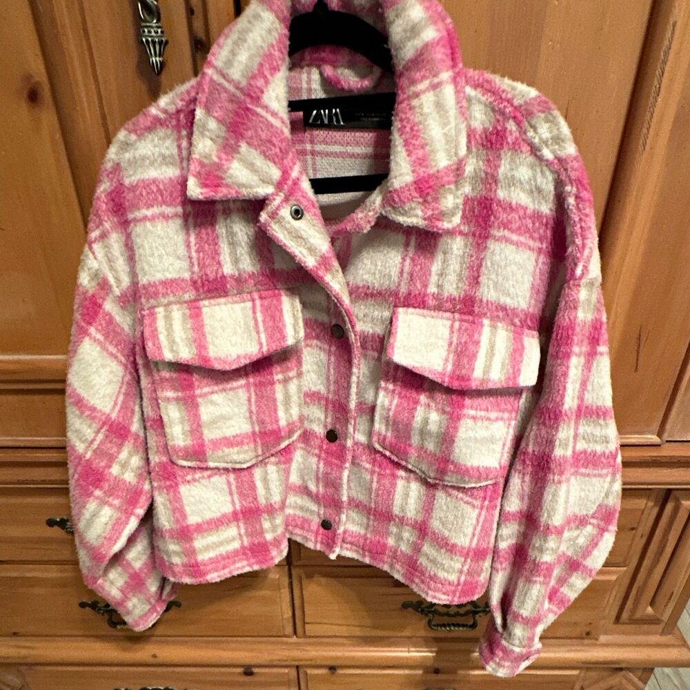 ZARA Pink & White Plaid Shacket Jacket Short Cropped Button Pockets Women M